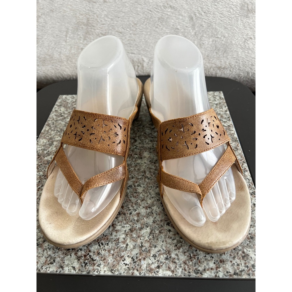 Merrell Oatstraw Tan Leather Laser Cut Wedge Slide Sandals Womens 10 J55410